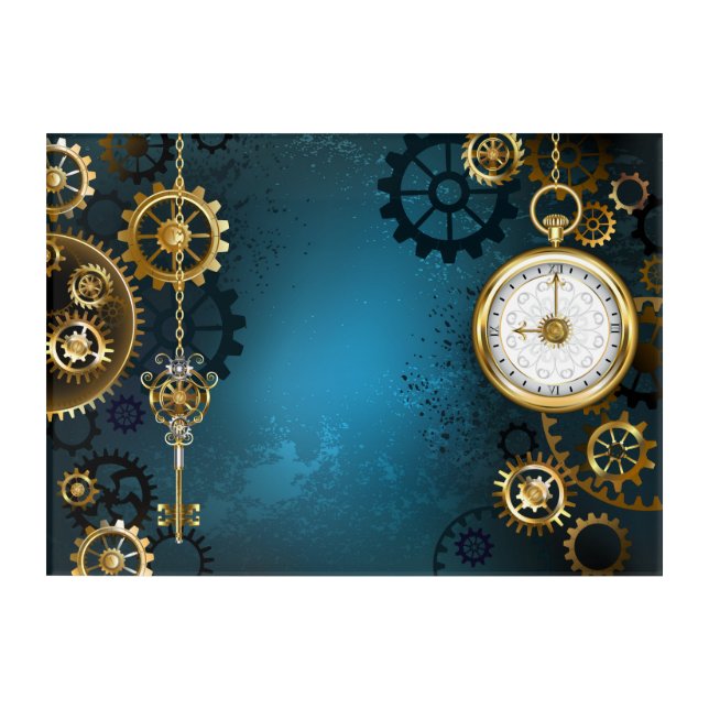 Steampun turquoise Background with Gears Acrylic Print (Front)
