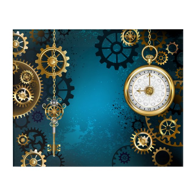 Steampun turquoise Background with Gears Acrylic Print (Front)