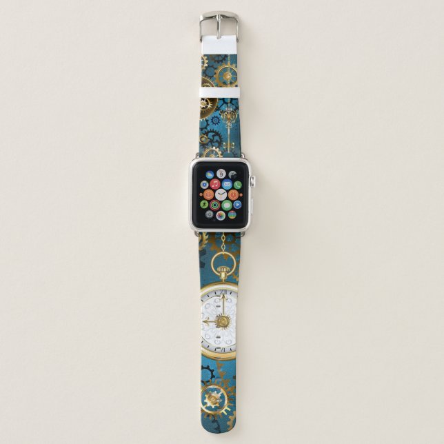 Steampun turquoise Background with Gears Apple Watch Band (Front)