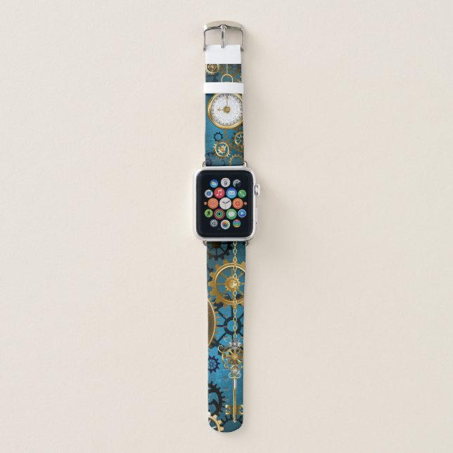 Steampun turquoise Background with Gears Apple Watch Band (Front)
