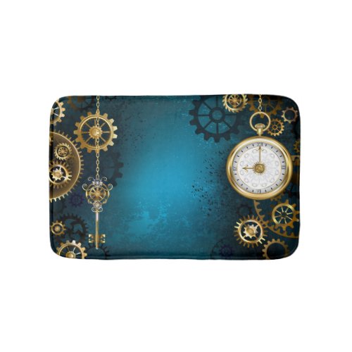 Steampun turquoise Background with Gears Bath Mat