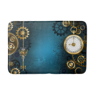 Steampun turquoise Background with Gears Bath Mat