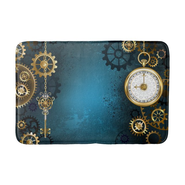 Steampun turquoise Background with Gears Bath Mat (Front)