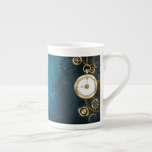 Steampun turquoise Background with Gears Bone China Mug (Right)