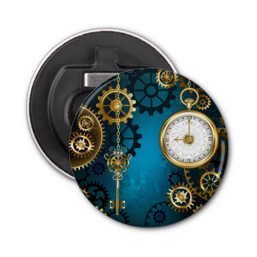 Steampun turquoise Background with Gears Bottle Opener