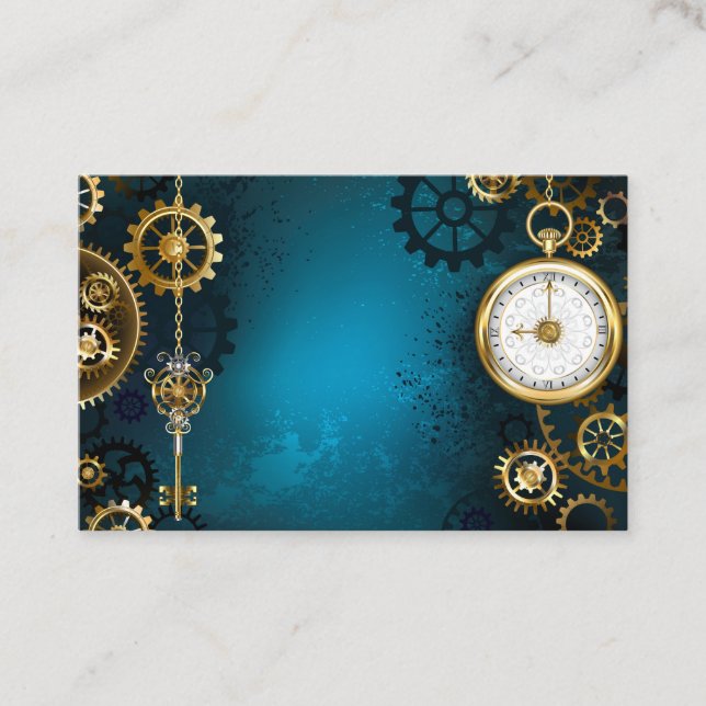 Steampun turquoise Background with Gears Business Card (Front)