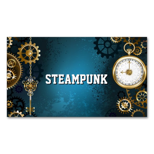 Steampun turquoise Background with Gears Business Card Magnet (Front)