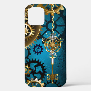 Steampun turquoise Background with Gears iPhone 12 Case