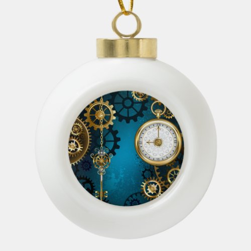 Steampun turquoise Background with Gears Ceramic Ball Christmas Ornament