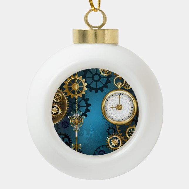 Steampun turquoise Background with Gears Ceramic Ball Christmas Ornament (Front)