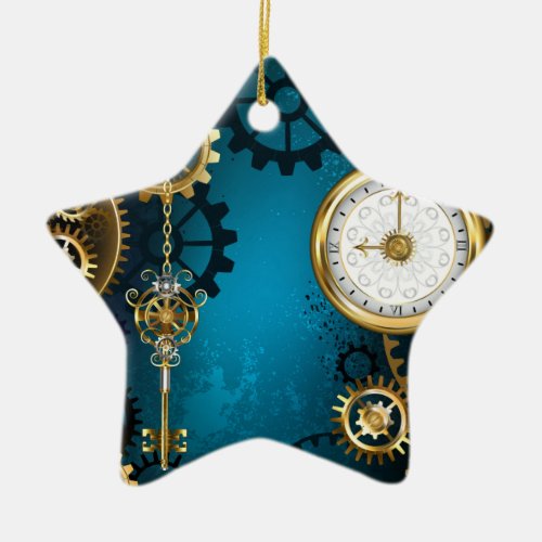 Steampun turquoise Background with Gears Ceramic Ornament