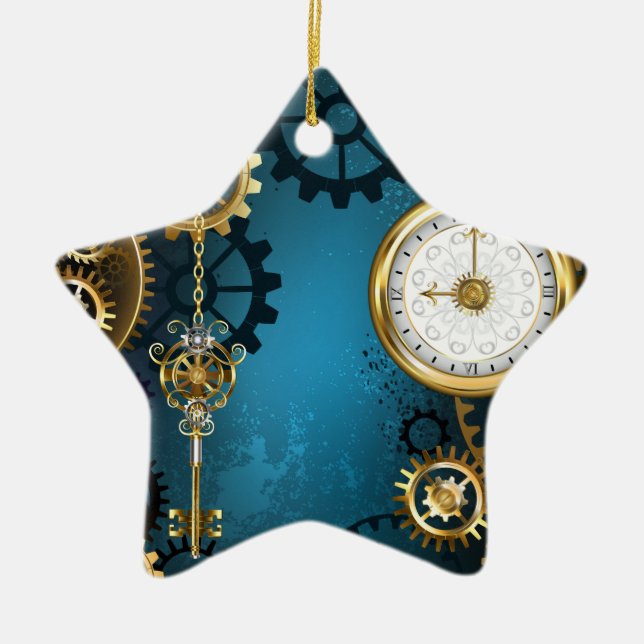 Steampun turquoise Background with Gears Ceramic Ornament (Front)