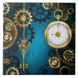 Steampun turquoise Background with Gears Ceramic Tile