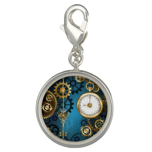 Steampun turquoise Background with Gears Charm (Front)