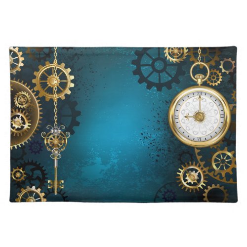 Steampun turquoise Background with Gears Cloth Placemat