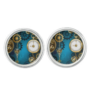 Steampun turquoise Background with Gears Cufflinks