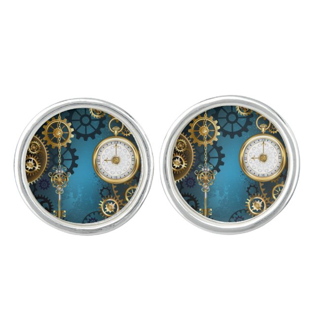 Steampun turquoise Background with Gears Cufflinks (Front)