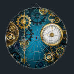 Steampun turquoise Background with Gears Dart Board<br><div class="desc">Turquoise,  textured,  steampunk background with brass and gold gears,  a silver key and the clock. Steampunk style.</div>