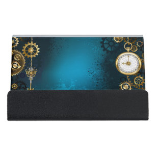Steampun turquoise Background with Gears Desk Business Card Holder