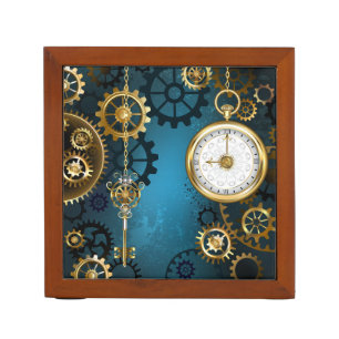 Steampun turquoise Background with Gears Desk Organizer