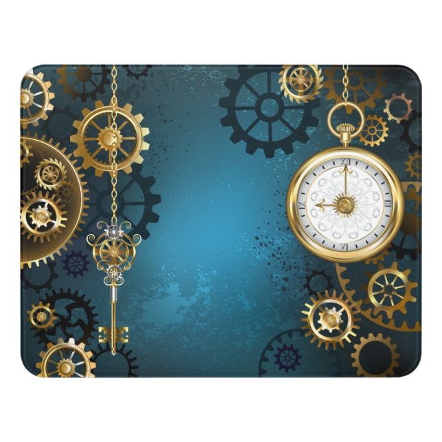 Steampun turquoise Background with Gears Door Sign (Contemporary Front)