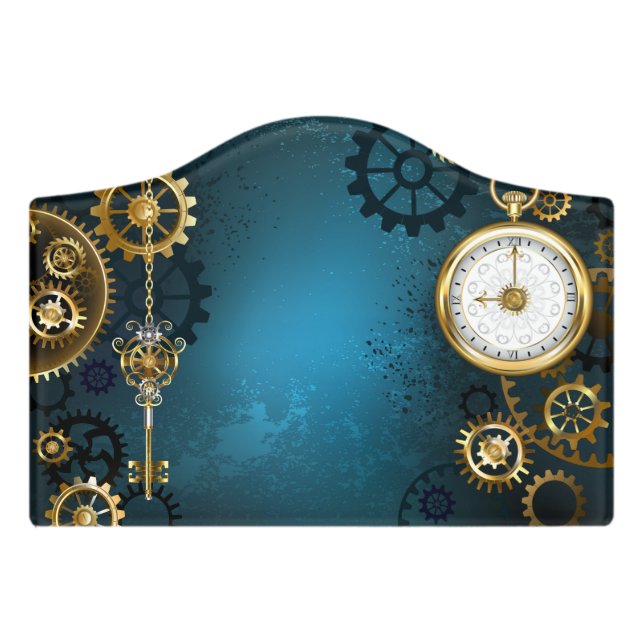 Steampun turquoise Background with Gears Door Sign (Small Crest Front)