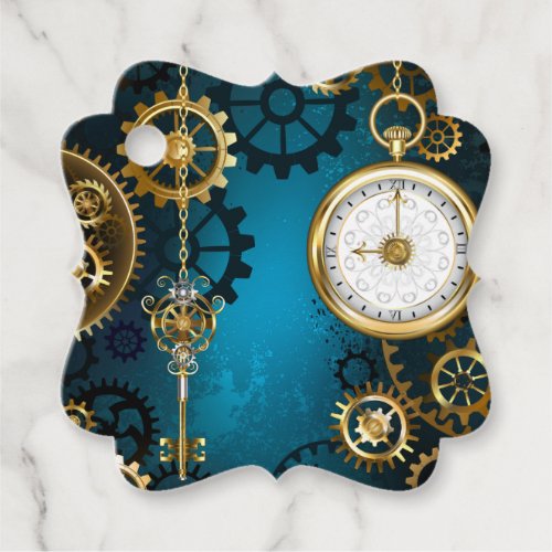 Steampun turquoise Background with Gears Favor Tags