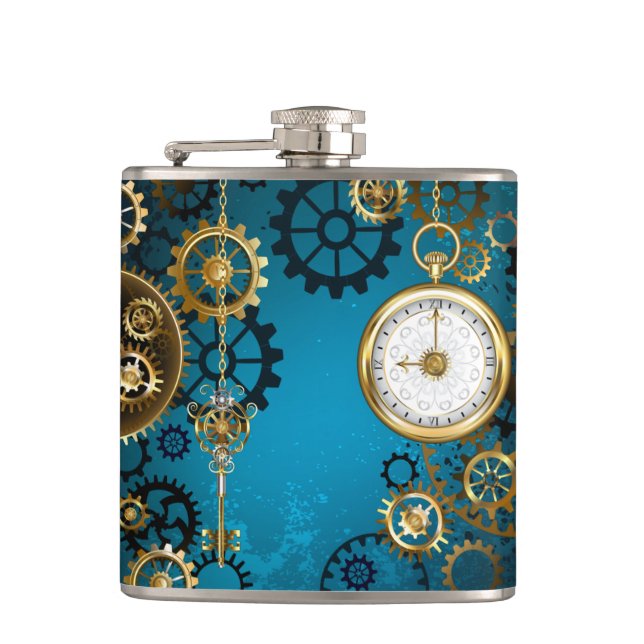 Steampun turquoise Background with Gears Flask (Front)