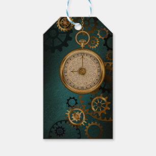 Steampun turquoise Background with Gears Gift Tags