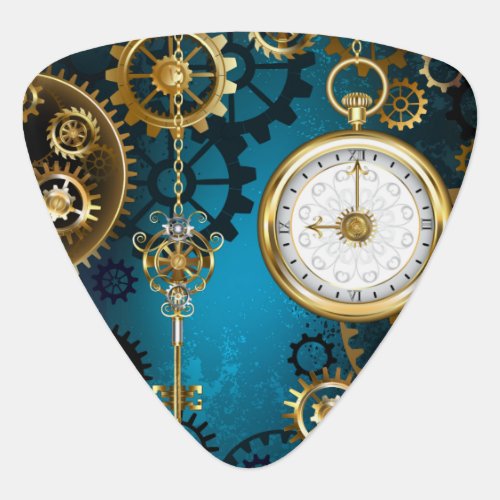 Steampun turquoise Background with Gears Guitar Pick