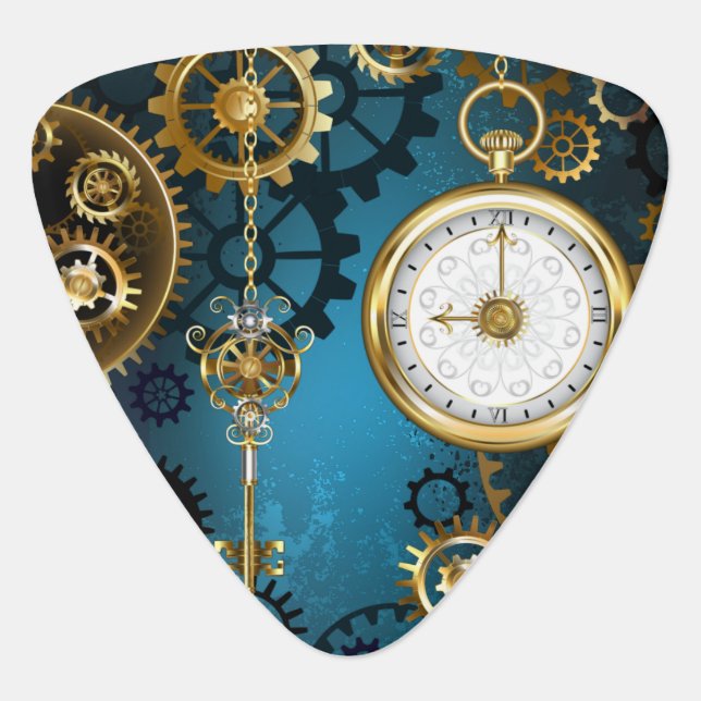 Steampun turquoise Background with Gears Guitar Pick (Front)