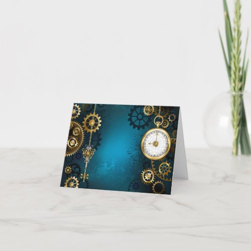 Steampun turquoise Background with Gears Holiday Card