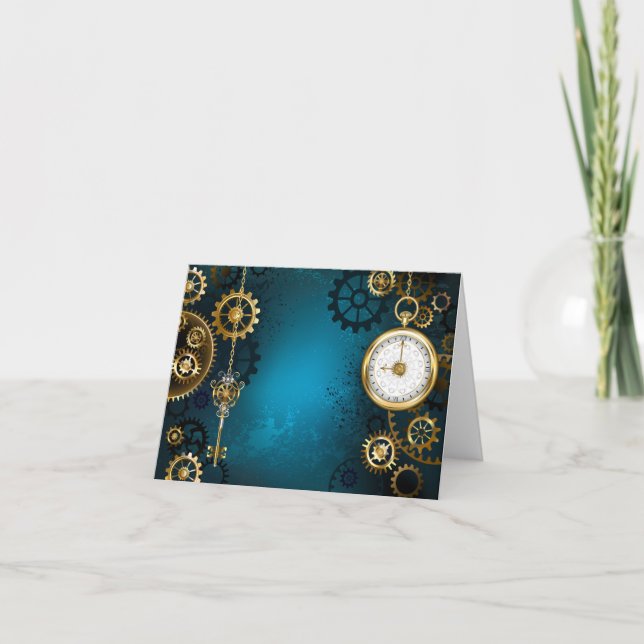 Steampun turquoise Background with Gears Holiday Card (Front)