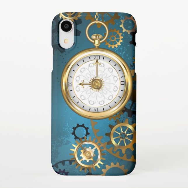 Steampun turquoise Background with Gears iPhone Case (Back)