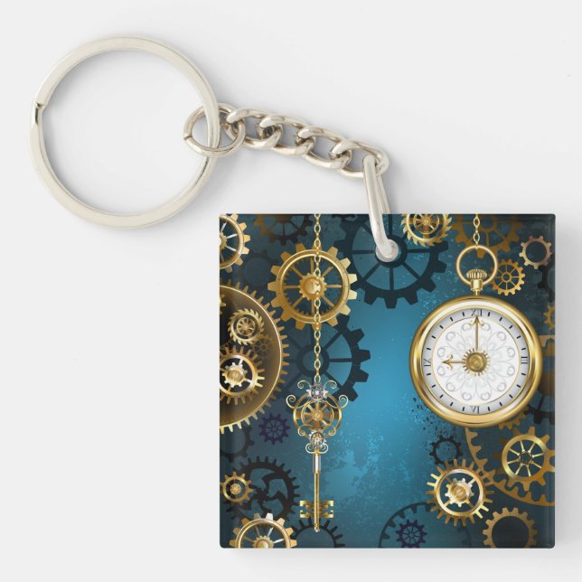 Steampun turquoise Background with Gears Keychain (Front)