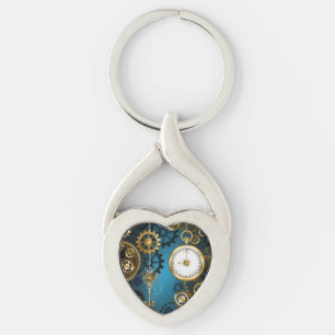 Steampun turquoise Background with Gears Keychain