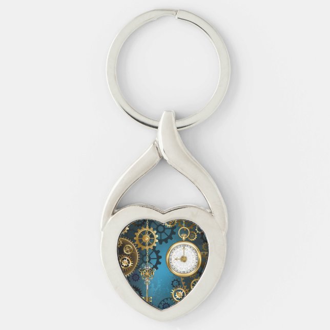 Steampun turquoise Background with Gears Keychain (Front)