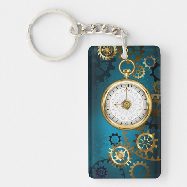 Steampun turquoise Background with Gears Keychain (Front)