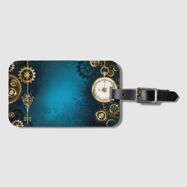 Steampun turquoise Background with Gears Luggage Tag (Front Horizontal)