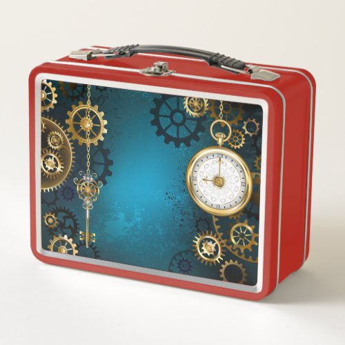 Steampun turquoise Background with Gears Metal Lunch Box