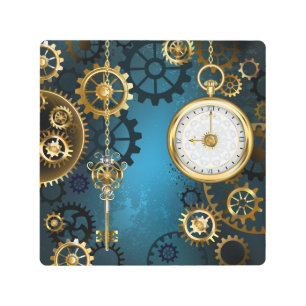 Steampun turquoise Background with Gears Metal Print