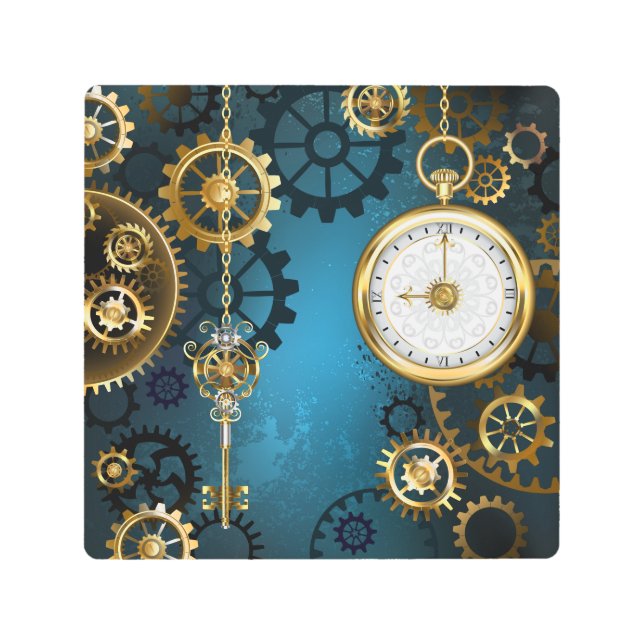 Steampun turquoise Background with Gears Metal Print (Front)