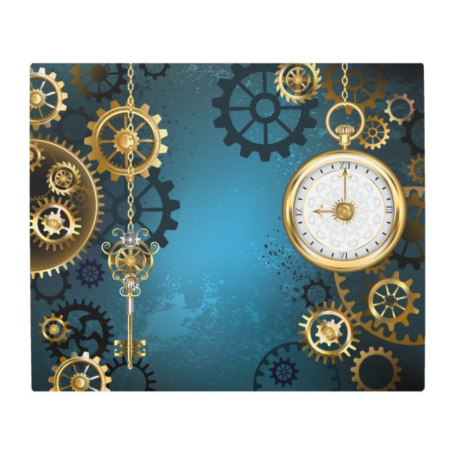 Steampun turquoise Background with Gears Metal Print (Front)