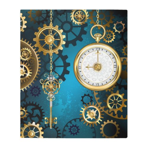 Steampun turquoise Background with Gears Metal Print