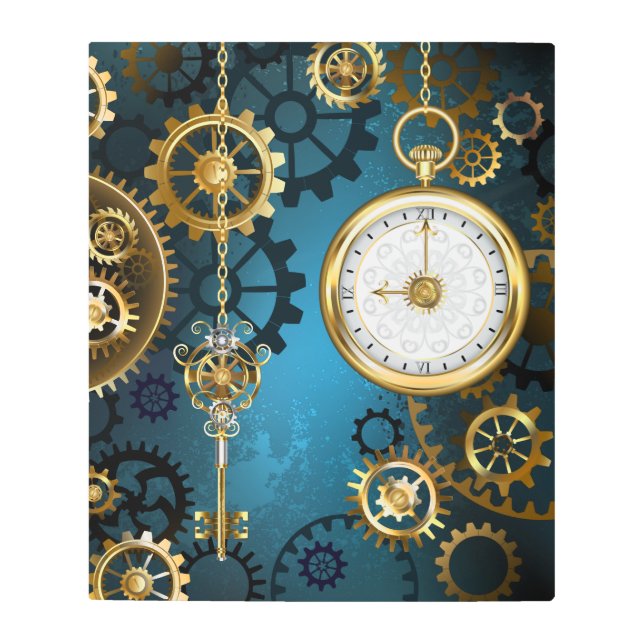 Steampun turquoise Background with Gears Metal Print (Front)
