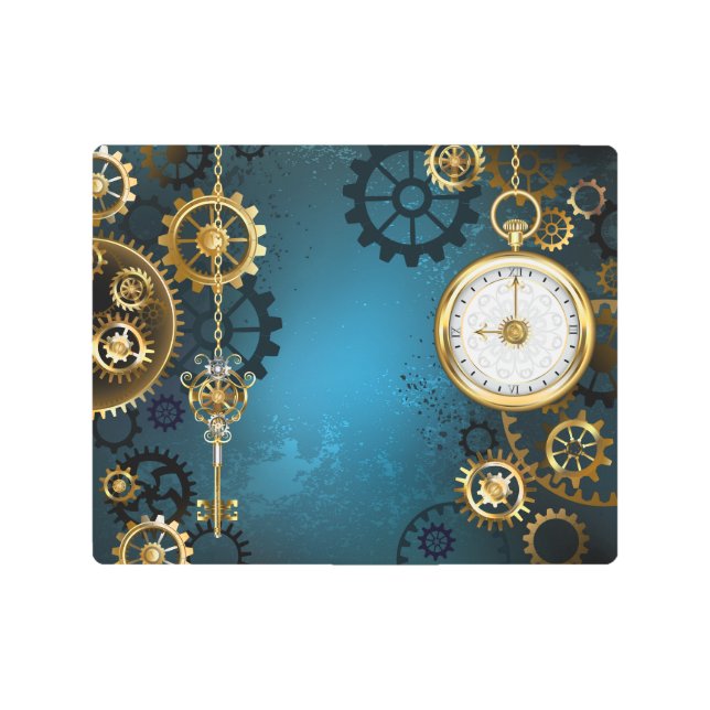Steampun turquoise Background with Gears Metal Print (Front)