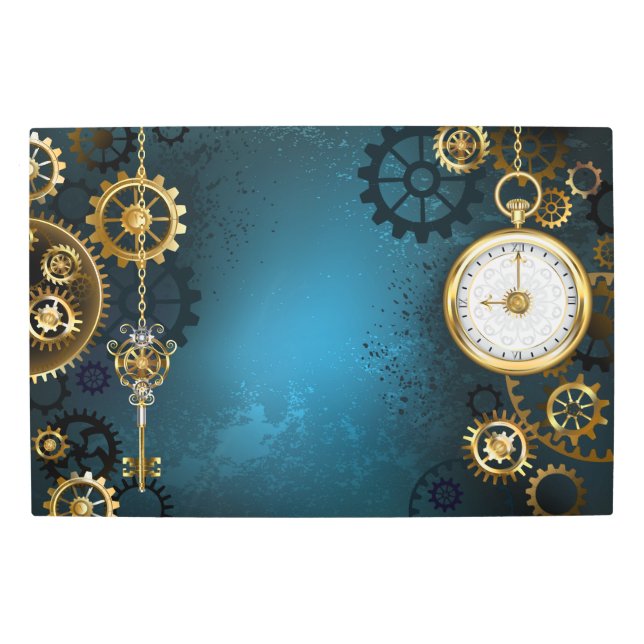 Steampun turquoise Background with Gears Metal Print (Front)