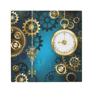 Steampun turquoise Background with Gears Metal Print
