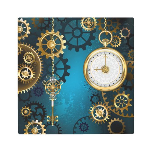 Steampun turquoise Background with Gears Metal Print