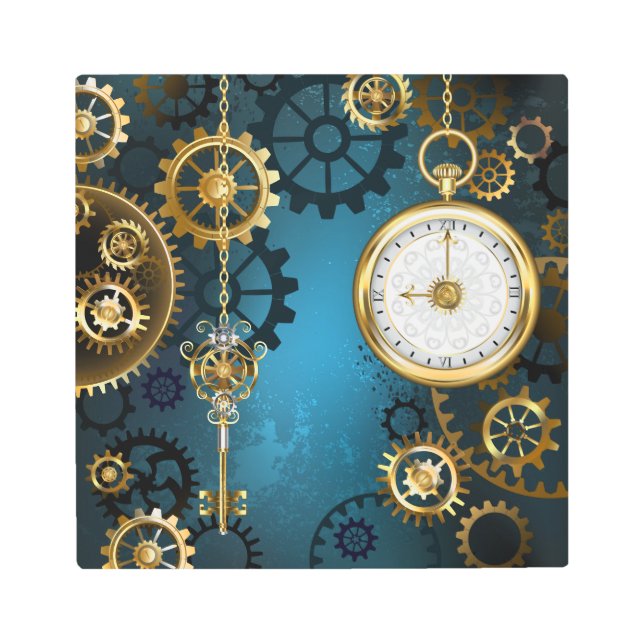 Steampun turquoise Background with Gears Metal Print (Front)